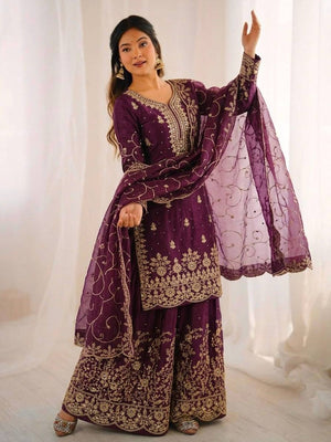 Wine Jimmy Silk Plazzo Set with Shimmering Sequence and Embroidery Work Full Sleeves by The Beauty Queen Surat