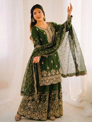 Mehendi Green Jimmy Silk Plazzo Set with Shimmering Sequence and Embroidery Work by The Beauty Queen Surat