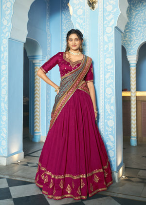 Magenta Pink Vichitra Silk Lehenga with Slate Grey Dupatta and Sequins Thread Embroidery Work by The Beauty Queen Surat