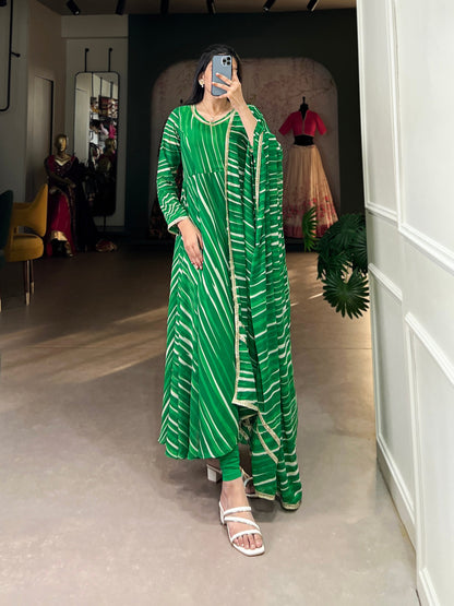 Green Georgette Leheriya Georgette With Lace Touch Up Gown