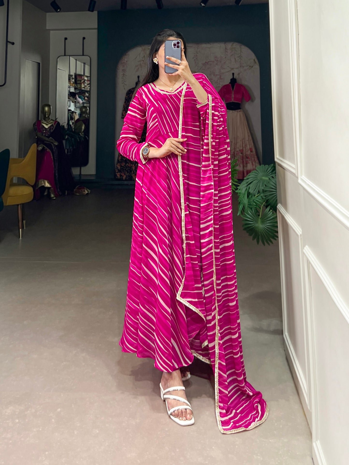 Pink Georgette Leheriya Georgette With Lace Touch Up Gown