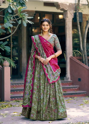 Olive Green Tasar Silk Lehenga with Pink Dupatta and Gilded Motif Floral Print by The Beauty Queen Surat