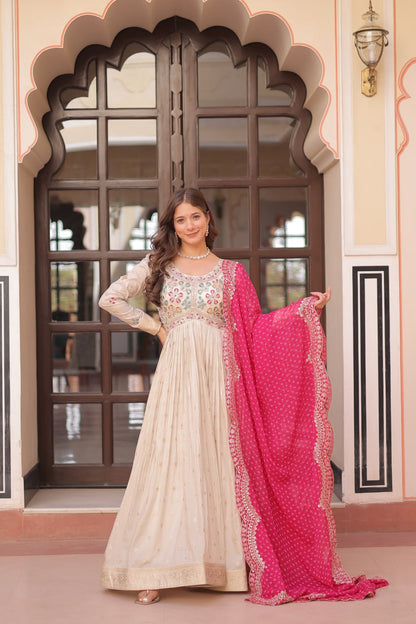 Off White Pink Cosmos Weaving Jequard With Pearl Beads Embroidered Work Gown
