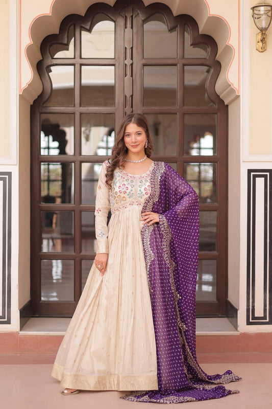 Off White Purple Cosmos Weaving Jequard With Pearl Beads Embroidered Work Gown