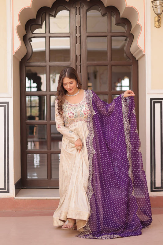 Off White Purple Cosmos Weaving Jequard With Pearl Beads Embroidered Work Gown