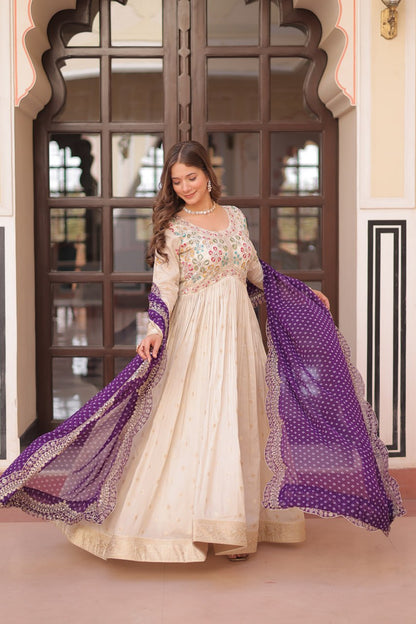 Off White Purple Cosmos Weaving Jequard With Pearl Beads Embroidered Work Gown