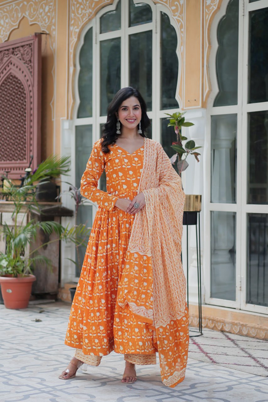 Orange Pure Cotton Readymade Kurti With Pant Dupatta Set