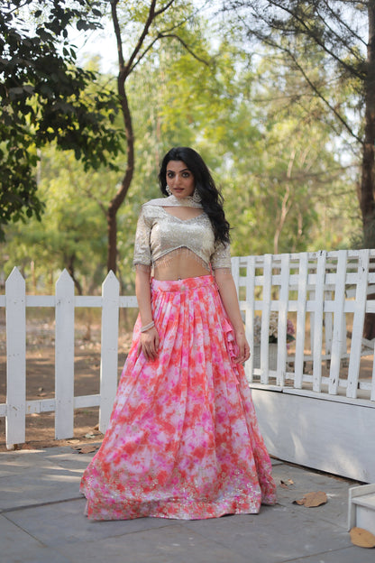 Pink Digital Printed Faux Georgette With Heavy Sequins Thread Embroidered Work Lehenga