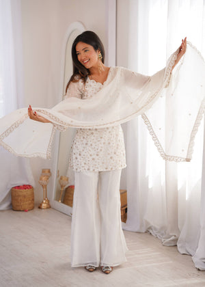 white crunchy silk sharara set with jari embroidery - The Beauty Queen