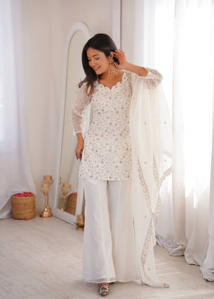 white crunchy silk sharara palazzo set with chiffon dupatta