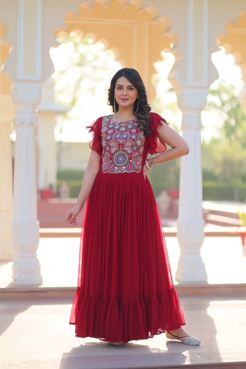 Maroon Faux Blooming With Beads And Sequins Embroidered Work Gown