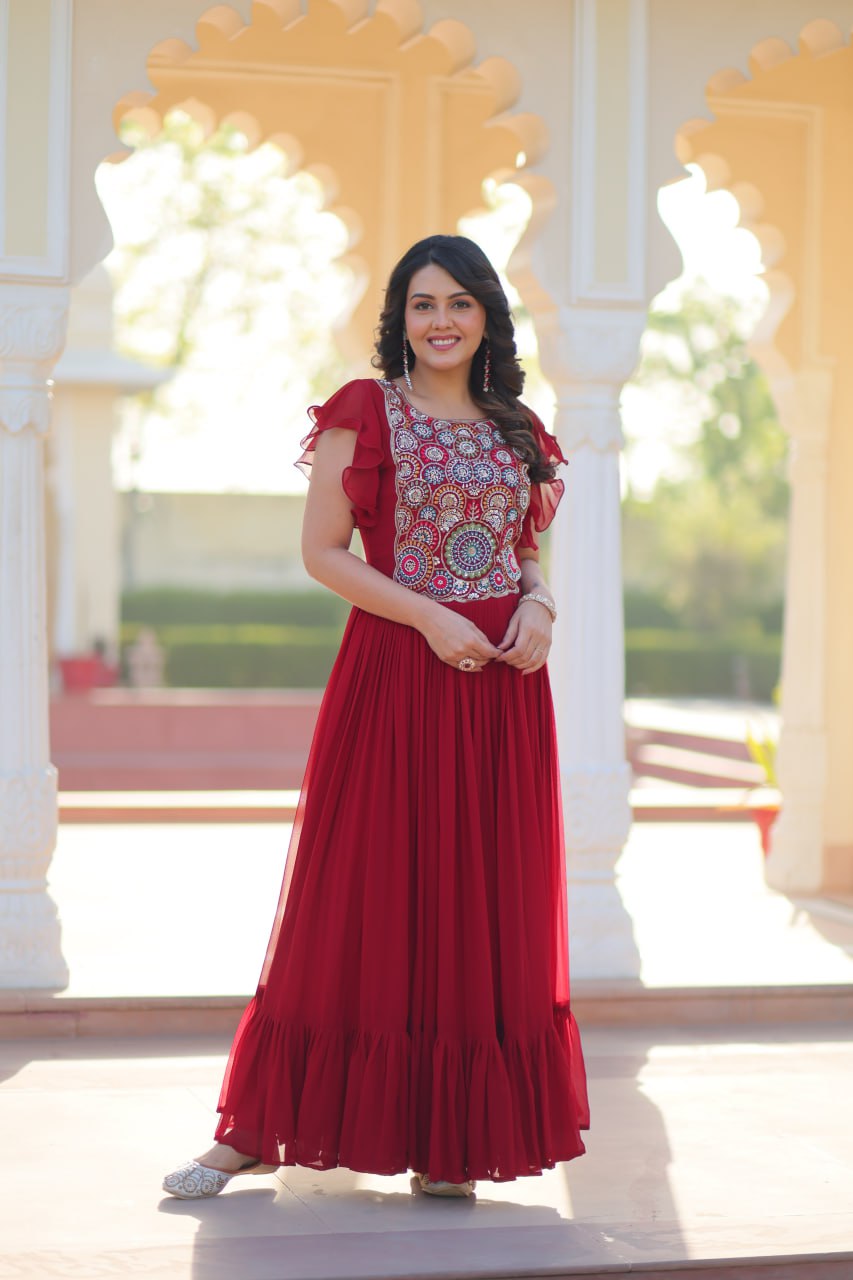 Maroon Faux Blooming With Beads And Sequins Embroidered Work Gown