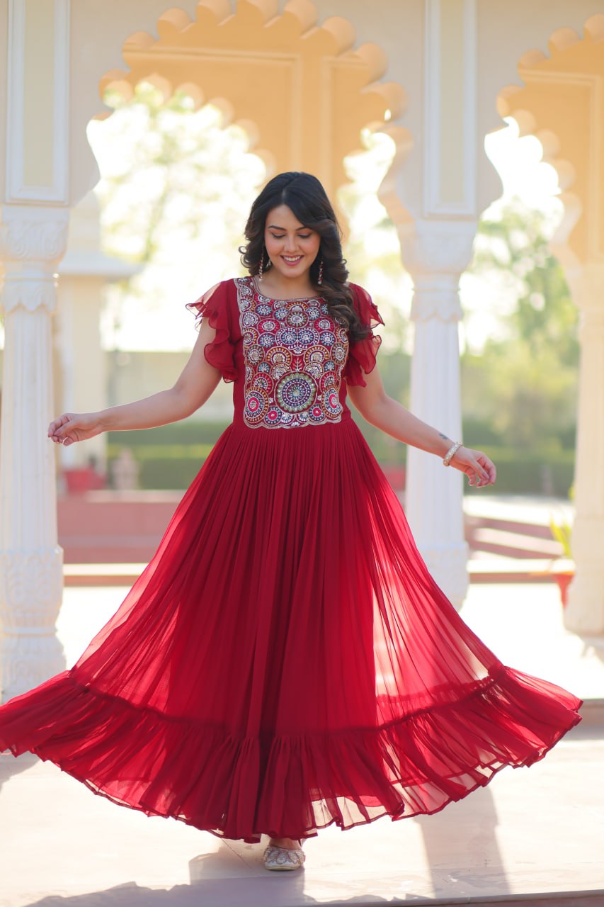 Maroon Faux Blooming With Beads And Sequins Embroidered Work Gown