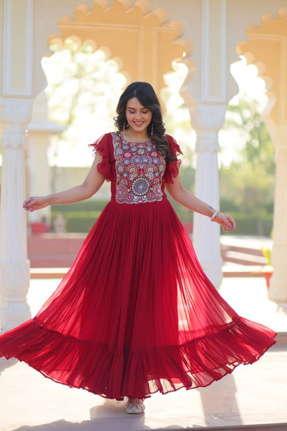 Maroon Faux Blooming With Beads And Sequins Embroidered Work Gown