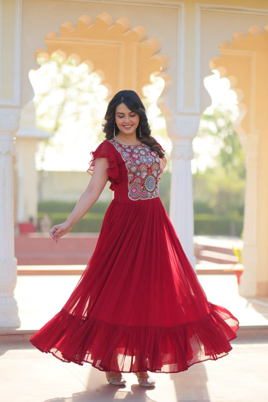 Maroon Faux Blooming With Beads And Sequins Embroidered Work Gown