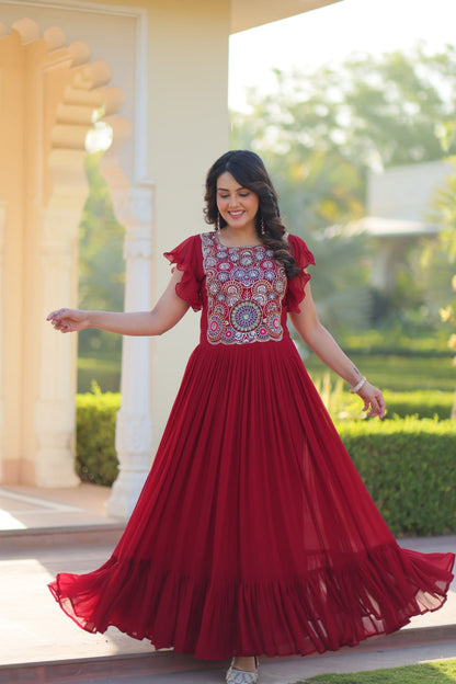 Maroon Faux Blooming With Beads And Sequins Embroidered Work Gown