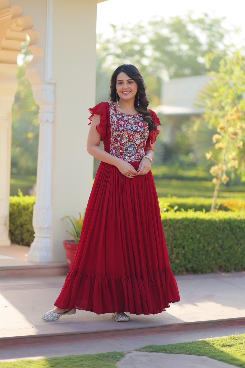 Maroon Faux Blooming With Beads And Sequins Embroidered Work Gown