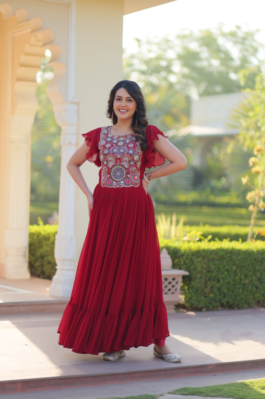 Maroon Faux Blooming With Beads And Sequins Embroidered Work Gown