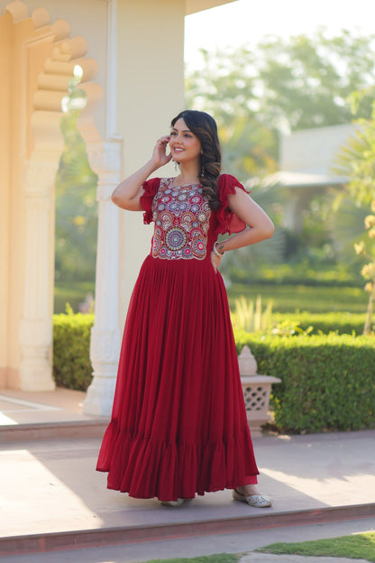 Maroon Faux Blooming With Beads And Sequins Embroidered Work Gown