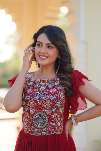 Maroon Faux Blooming With Beads And Sequins Embroidered Work Gown