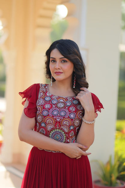 Maroon Faux Blooming With Beads And Sequins Embroidered Work Gown
