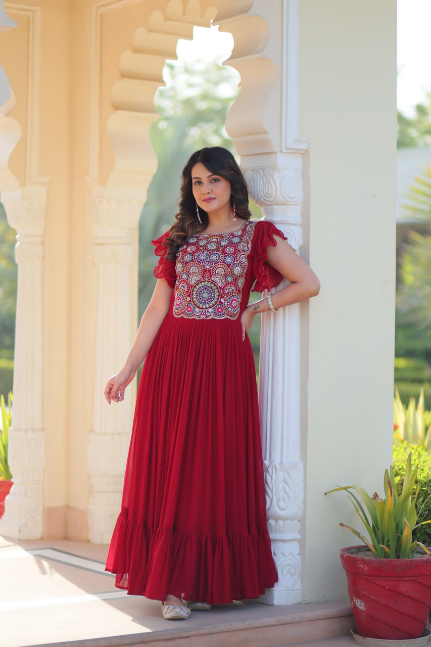 Maroon Faux Blooming With Beads And Sequins Embroidered Work Gown
