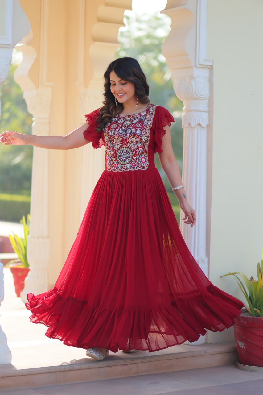 Maroon Faux Blooming With Beads And Sequins Embroidered Work Gown