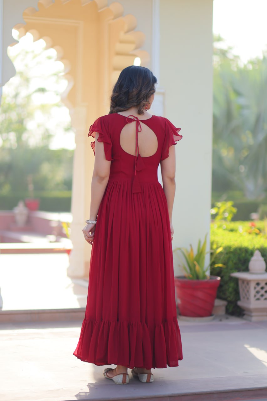 Maroon Faux Blooming With Beads And Sequins Embroidered Work Gown