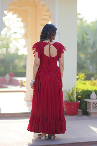 Maroon Faux Blooming With Beads And Sequins Embroidered Work Gown