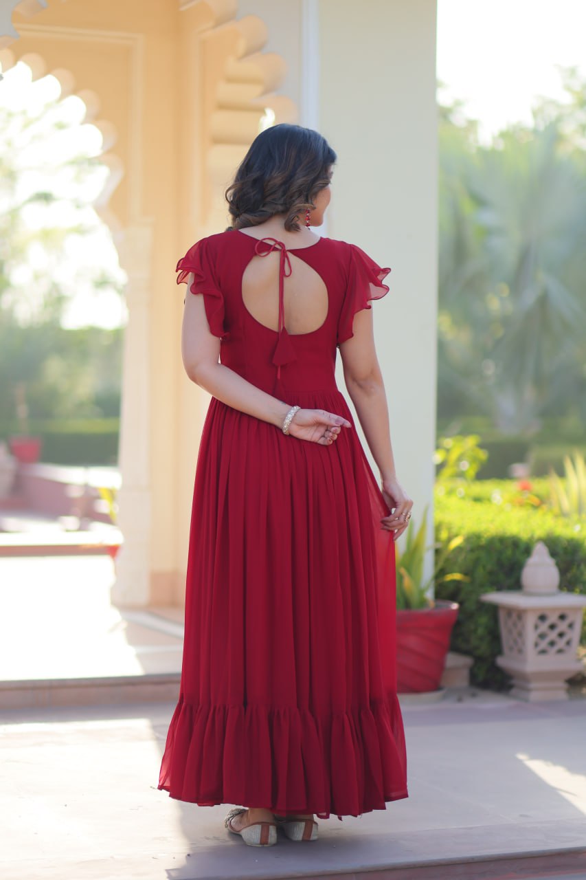 Maroon Faux Blooming With Beads And Sequins Embroidered Work Gown