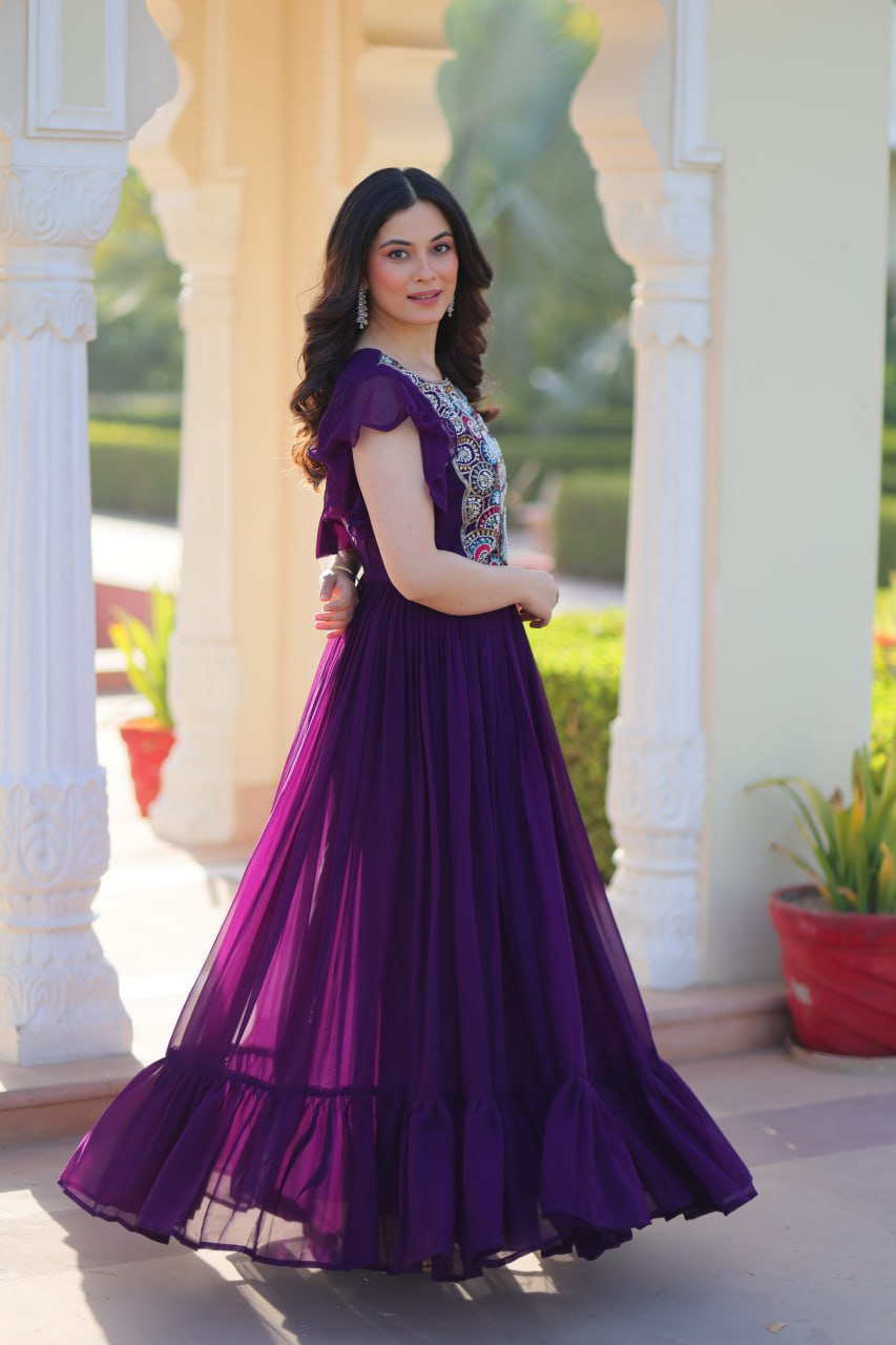 Purple Faux Blooming With Beads And Sequins Embroidered Work Gown