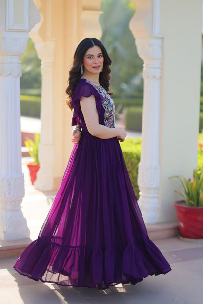 Purple Faux Blooming With Beads And Sequins Embroidered Work Gown