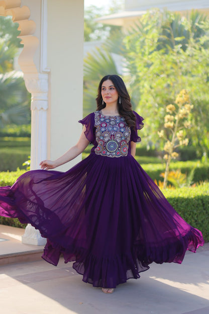 Purple Faux Blooming With Beads And Sequins Embroidered Work Gown