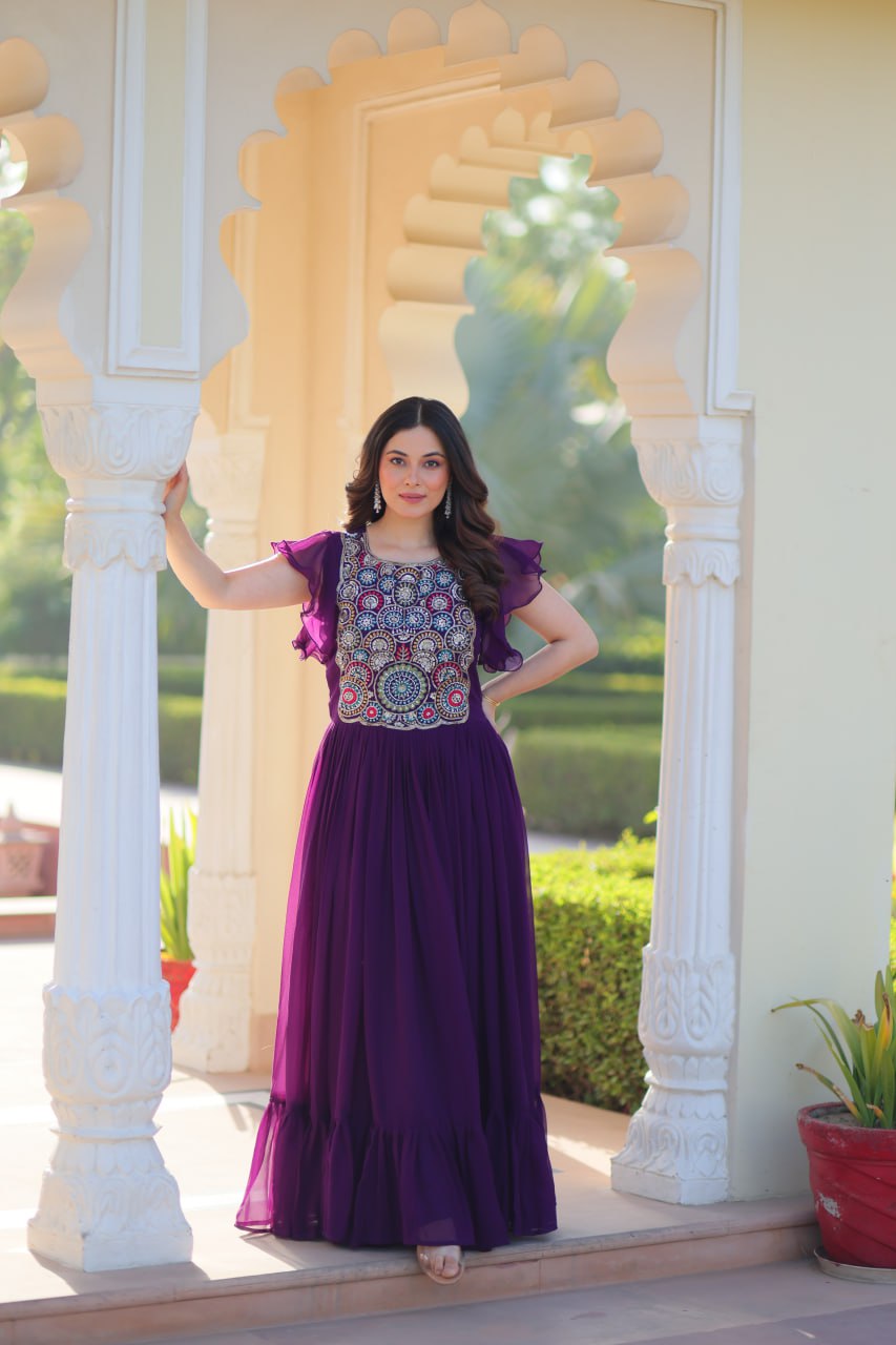 Purple Faux Blooming With Beads And Sequins Embroidered Work Gown