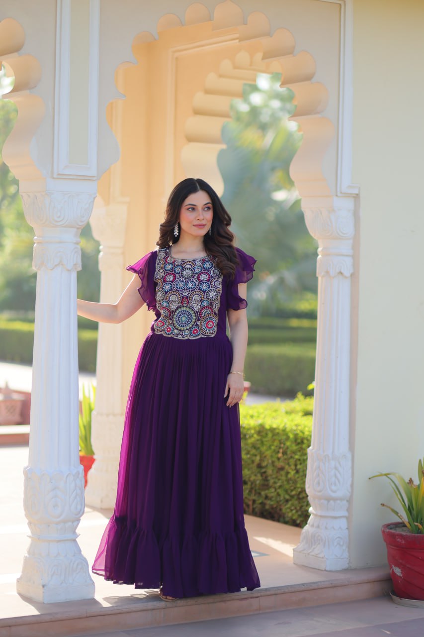 Purple Faux Blooming With Beads And Sequins Embroidered Work Gown