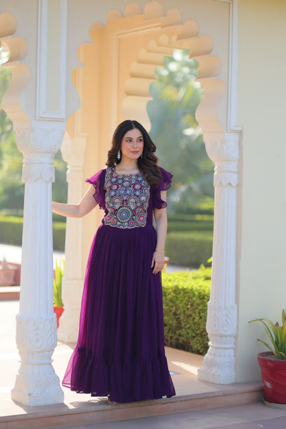 Purple Faux Blooming With Beads And Sequins Embroidered Work Gown
