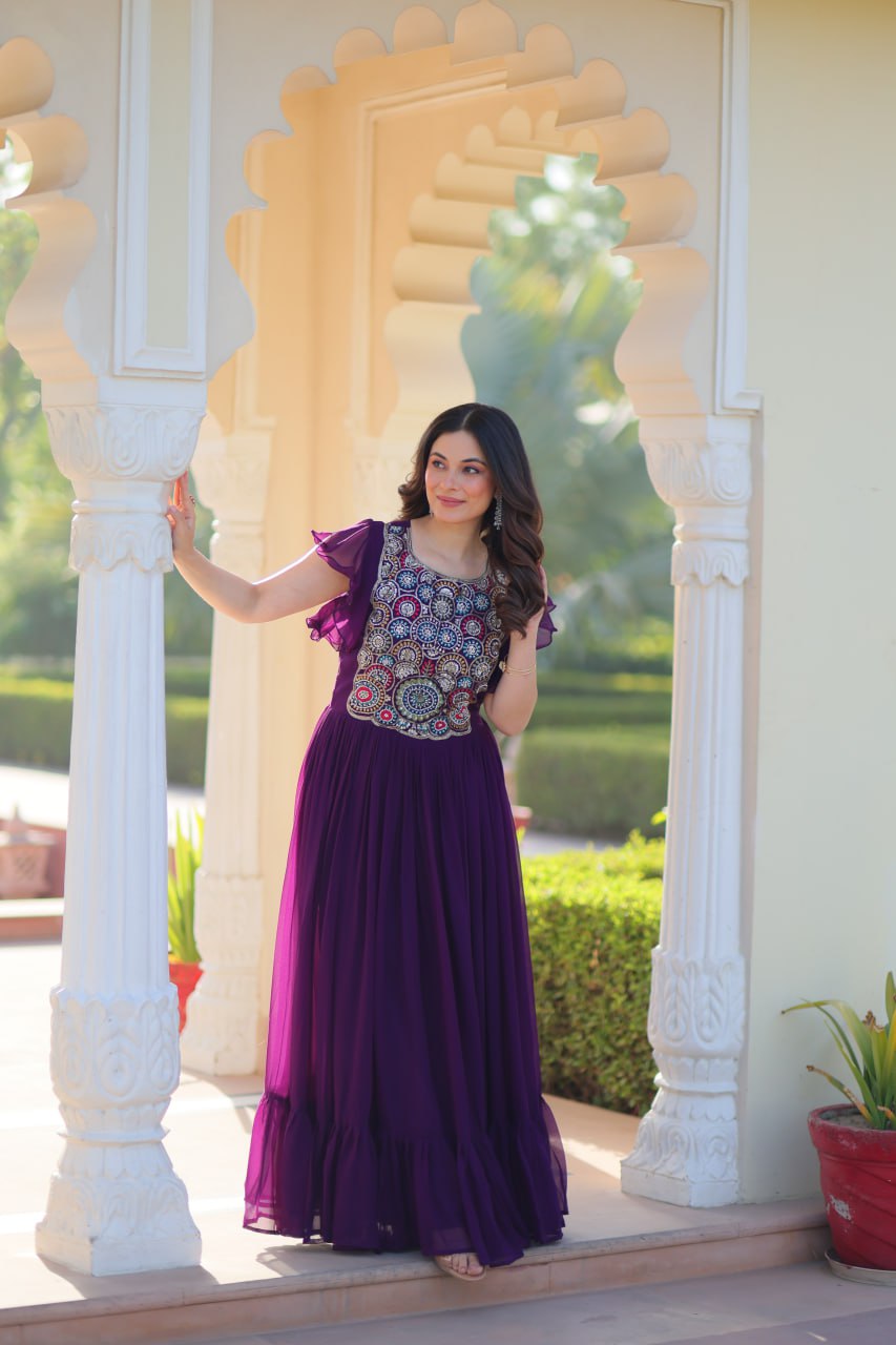 Purple Faux Blooming With Beads And Sequins Embroidered Work Gown