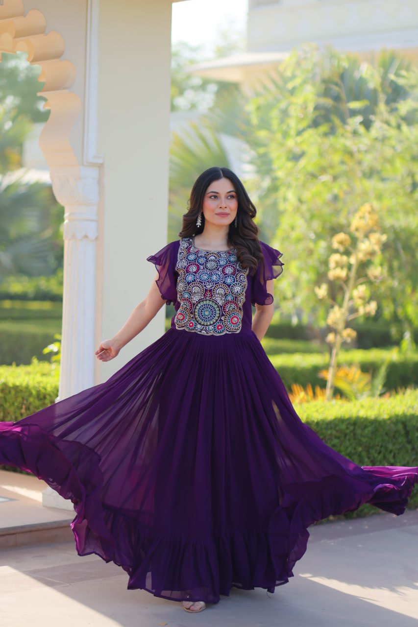Purple Faux Blooming With Beads And Sequins Embroidered Work Gown