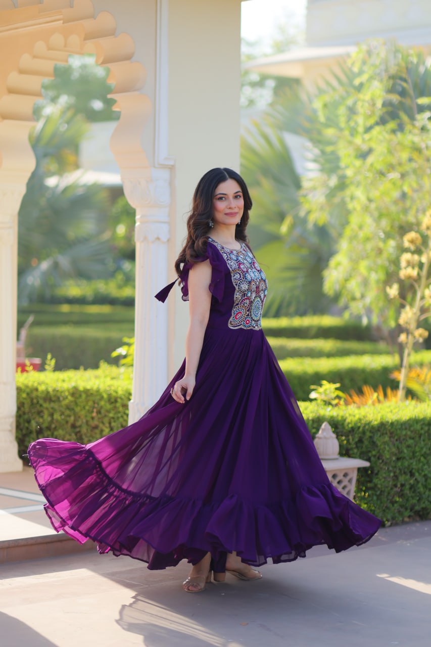 Purple Faux Blooming With Beads And Sequins Embroidered Work Gown