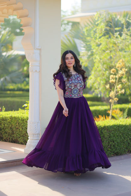 Purple Faux Blooming With Beads And Sequins Embroidered Work Gown