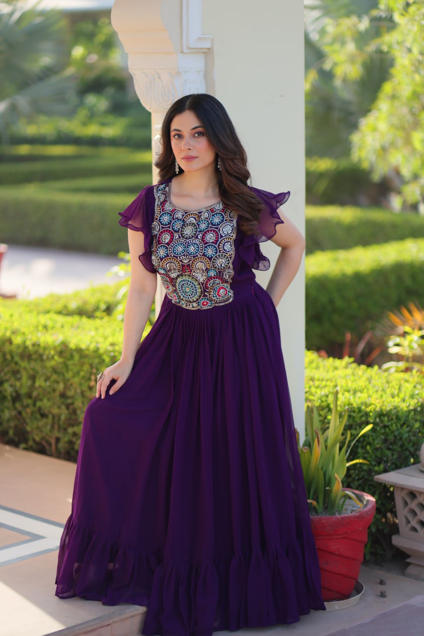 Purple Faux Blooming With Beads And Sequins Embroidered Work Gown