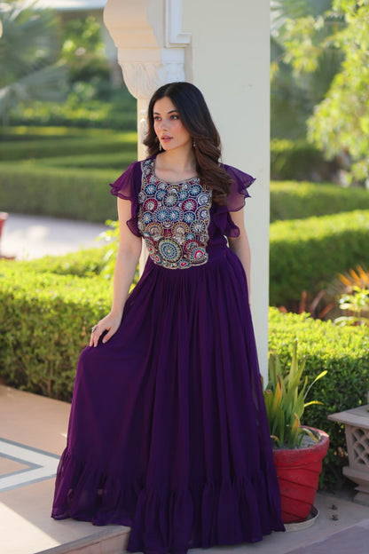 Purple Faux Blooming With Beads And Sequins Embroidered Work Gown