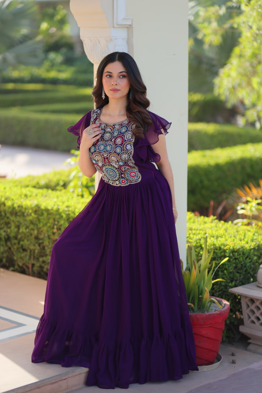 Purple Faux Blooming With Beads And Sequins Embroidered Work Gown