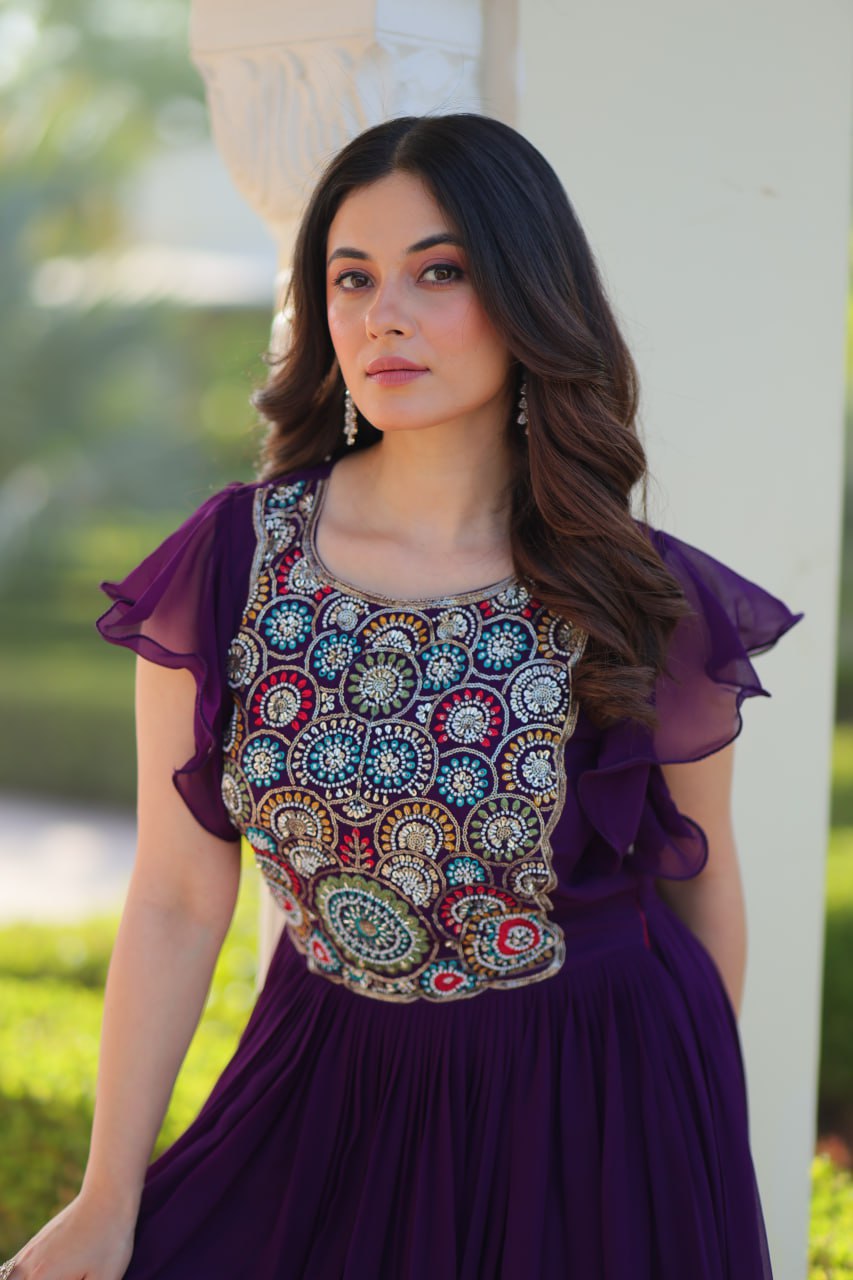 Purple Faux Blooming With Beads And Sequins Embroidered Work Gown