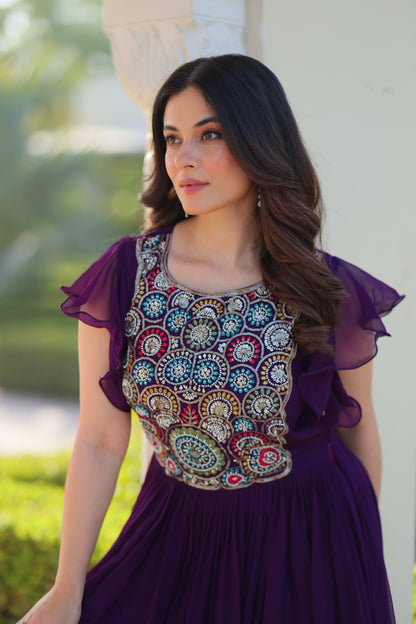 Purple Faux Blooming With Beads And Sequins Embroidered Work Gown
