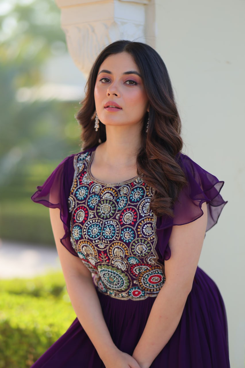 Purple Faux Blooming With Beads And Sequins Embroidered Work Gown