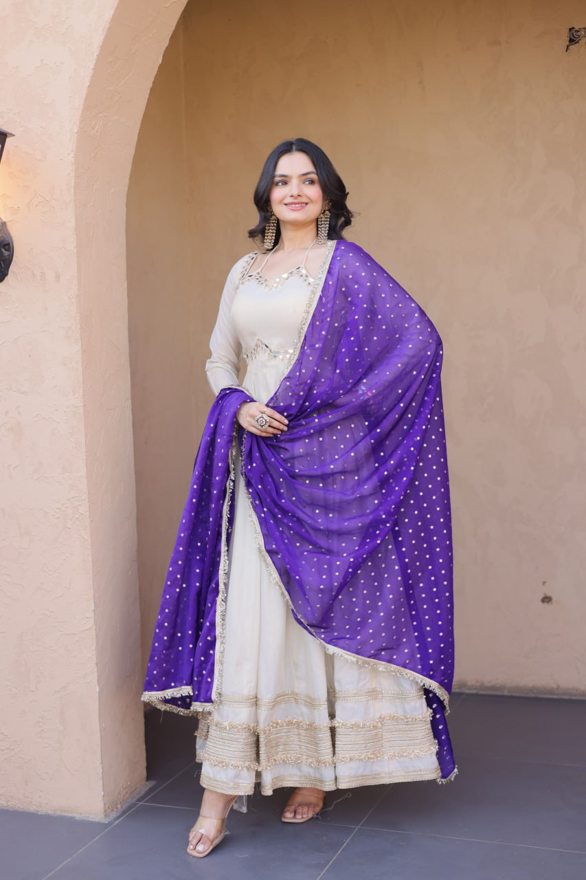 Off-White Cosmos Silk Anarkali Suit with Real Mirror & Purple Dupatta
