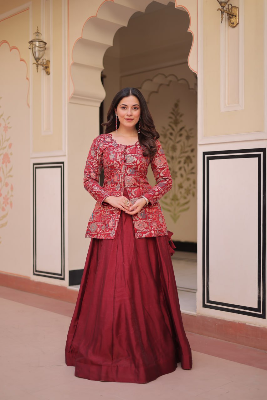 Maroon Pure Simmer Vichitra Kali Pattern Work Lehenga