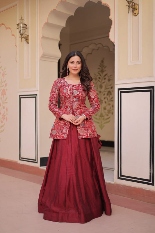 Maroon Pure Simmer Vichitra Kali Pattern Work Lehenga