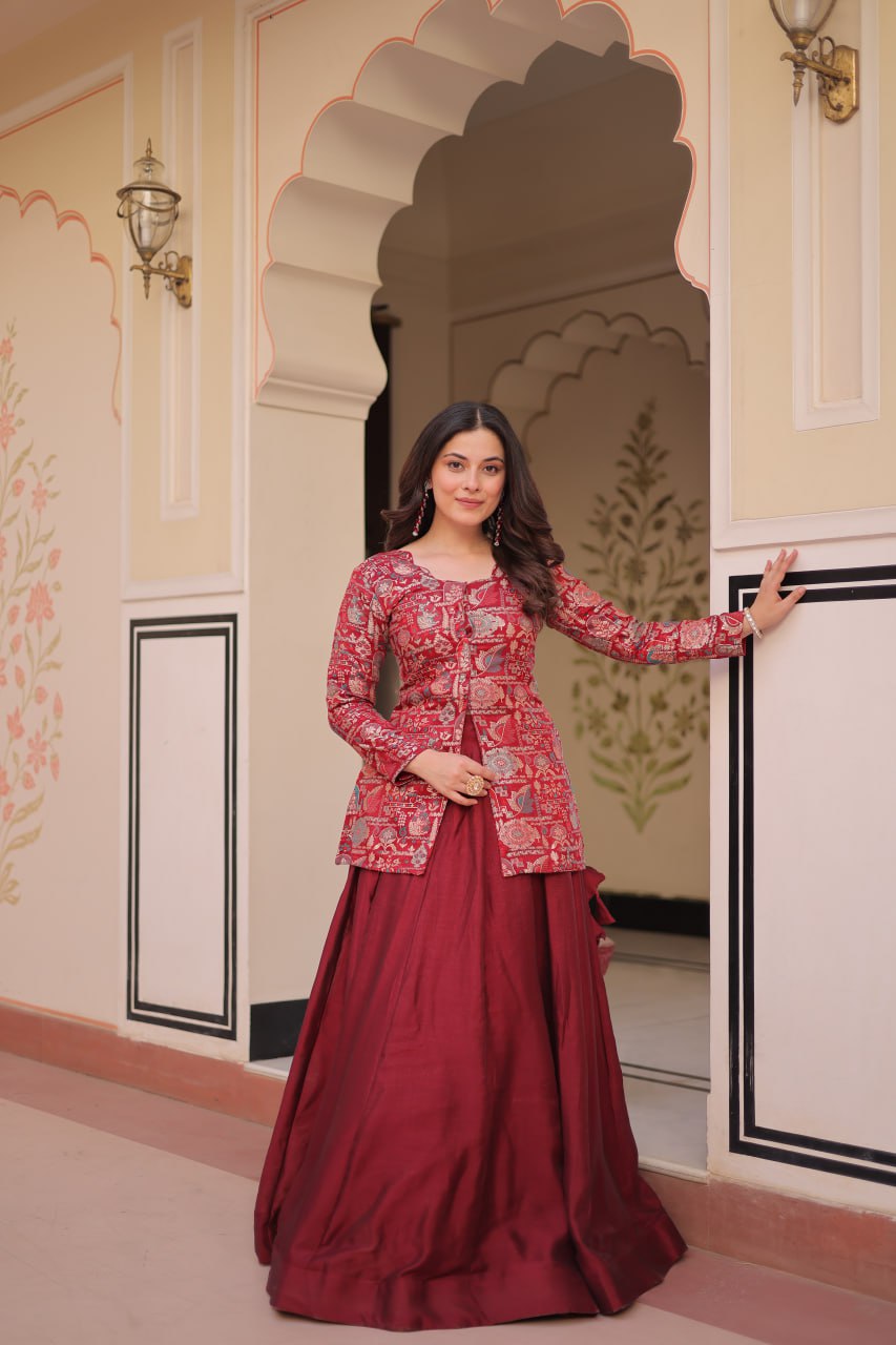 Maroon Pure Simmer Vichitra Kali Pattern Work Lehenga